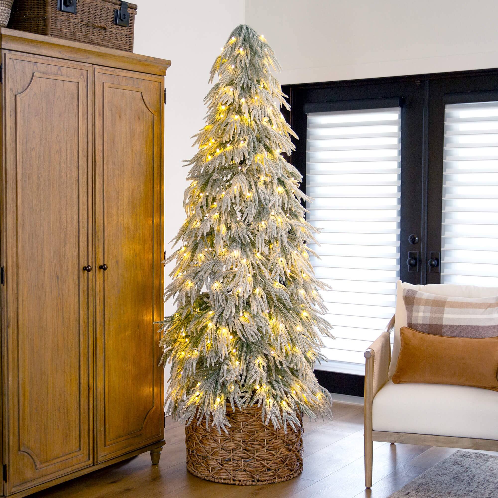 7ft. Pre-Lit Down Swept Flocked Artificial Christmas Tree, Warm White LED Lights